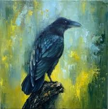 Painting of a large black reven on a thick brown tree trunk, to a yellow, green and turquoise coloured background. 