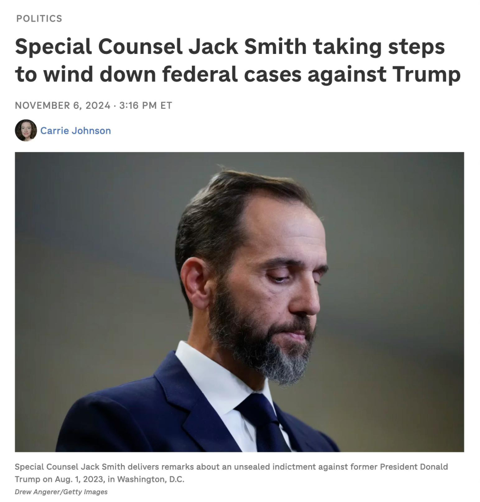 Screenshot from top of linked article. Headline says: "Special council Jack Smith taking steps to wind down federal cases against Trump." Below this is a photo of Smith.