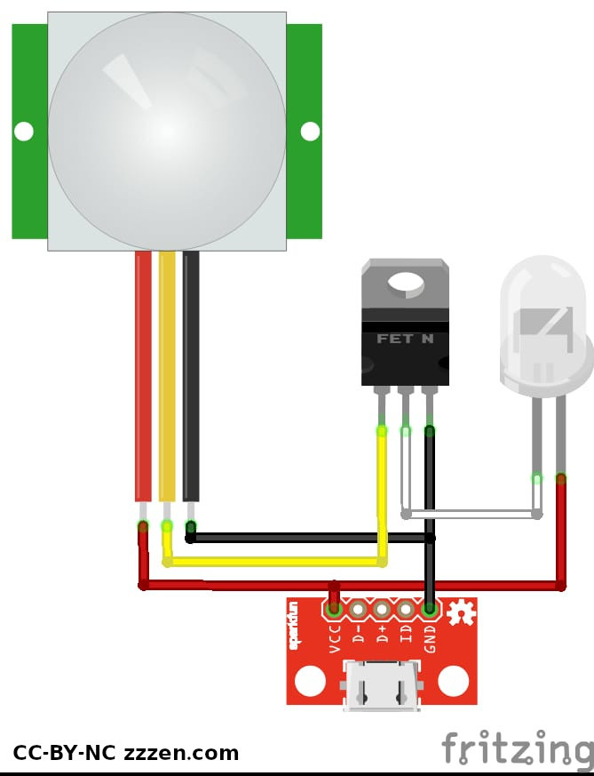 Schamatics.
Notes:
* You should connect LED via a resistor depending on voltage and LED specs. Consult (e.g.) ledcalculator.net yo compute resiatance
* Power source here is a micro USB socket (more sustainable), but can also be a battery pack (more portable)