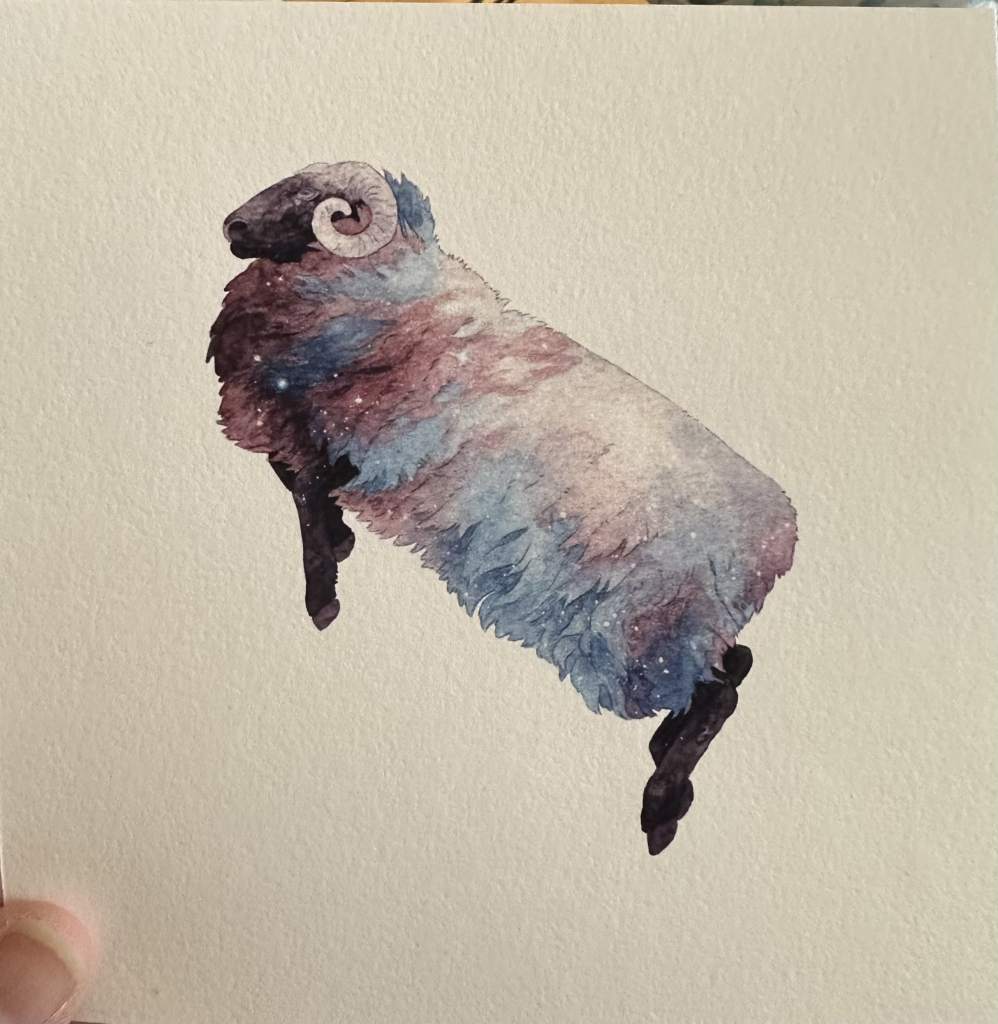 A watercolor painting of a jumping or floating ram, maybe one you’d count to get to sleep. He’s facing up and diagonally to the left. His fleece is colored in the trans flag colors, pink, blue, and white. The locks seem to be glowing with stars. 