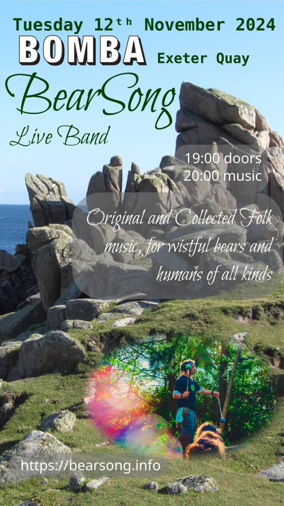 BearSong gig poster, granite rock and ocean background, with gig info, in Exeter, Devon, on 12th November 24