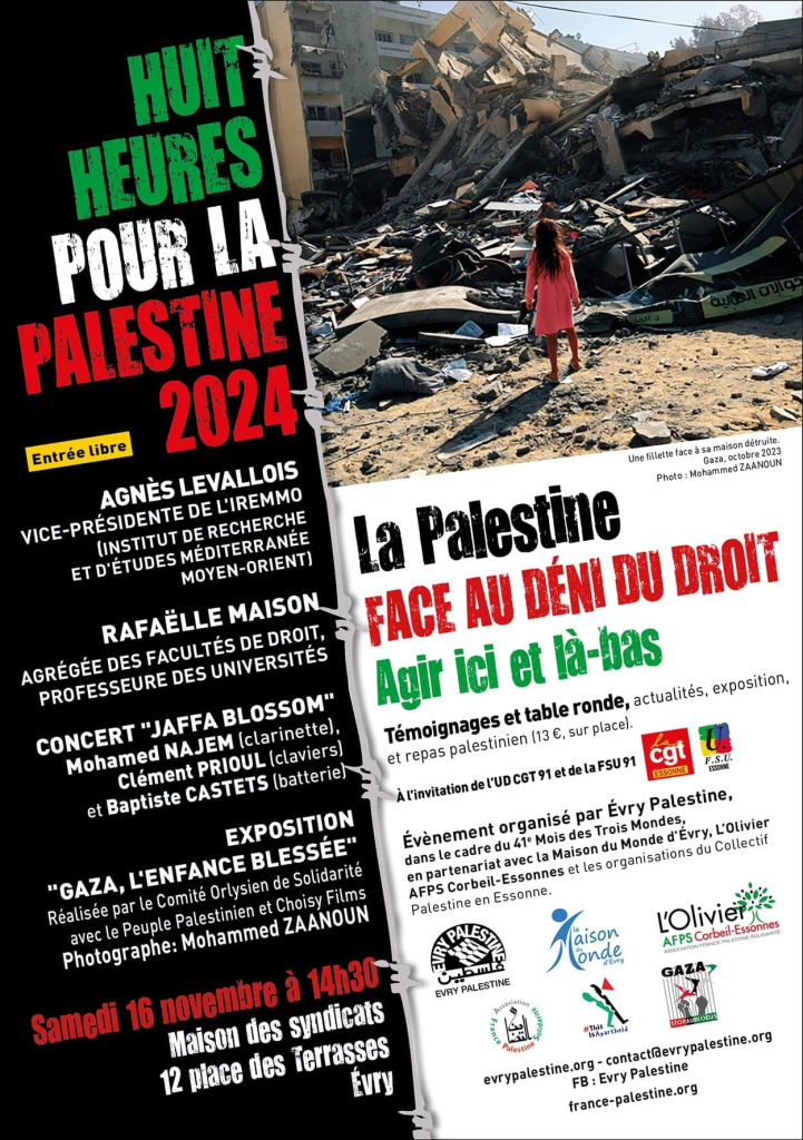 Programme de l'événement "Huit Heures pour la Palestine" samedi 16 novembre à Evry