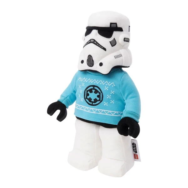 Lego Stormtrooper plush wearing an ice-blue Christmas jumper with a snowflake on it.