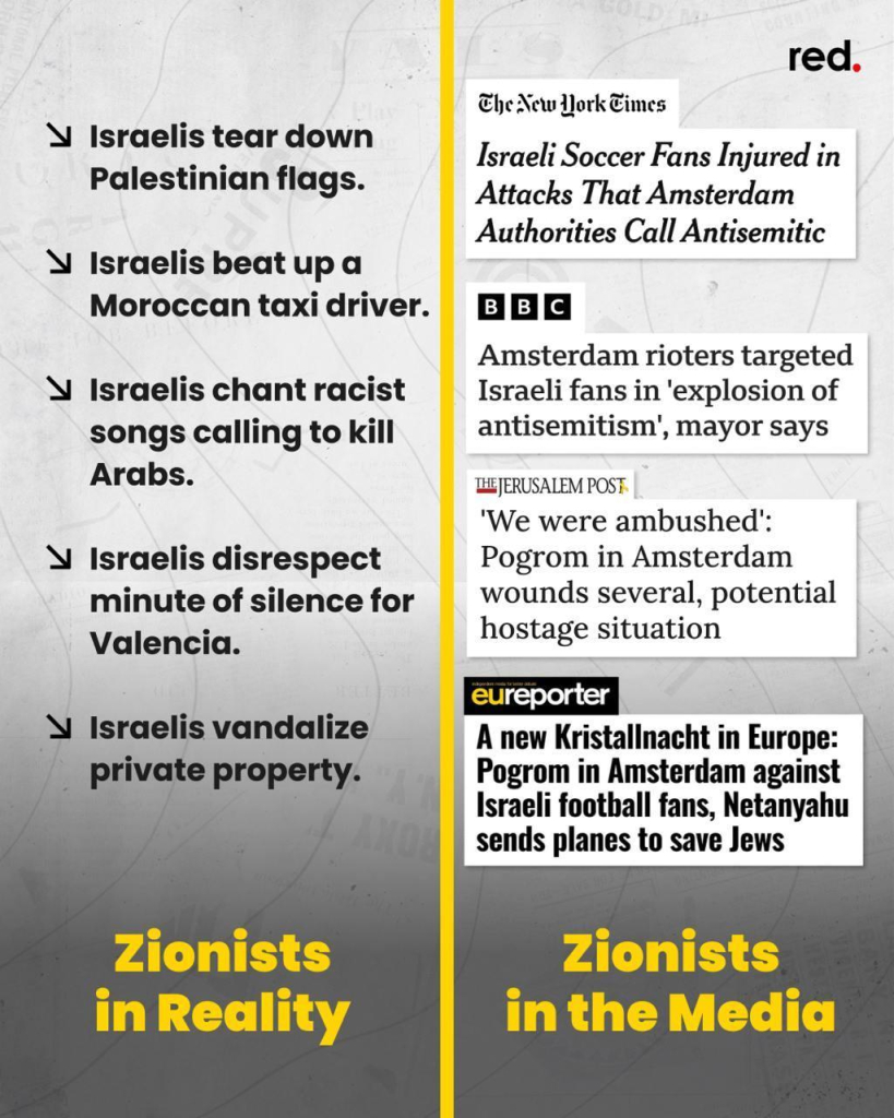 Israeli football team fans tear down Palestinian flag and burn it. beat up a Moroccan taxi driver. chant racist songs calling to kill Arabs. Disrupt minute of silence for Valencia. Vandalize private property. 
But Media reports events as Pogrom - new Kristallnacht - in Amsterdam against Israeli soccer fans, Netanyahu sends planes to save Jews…