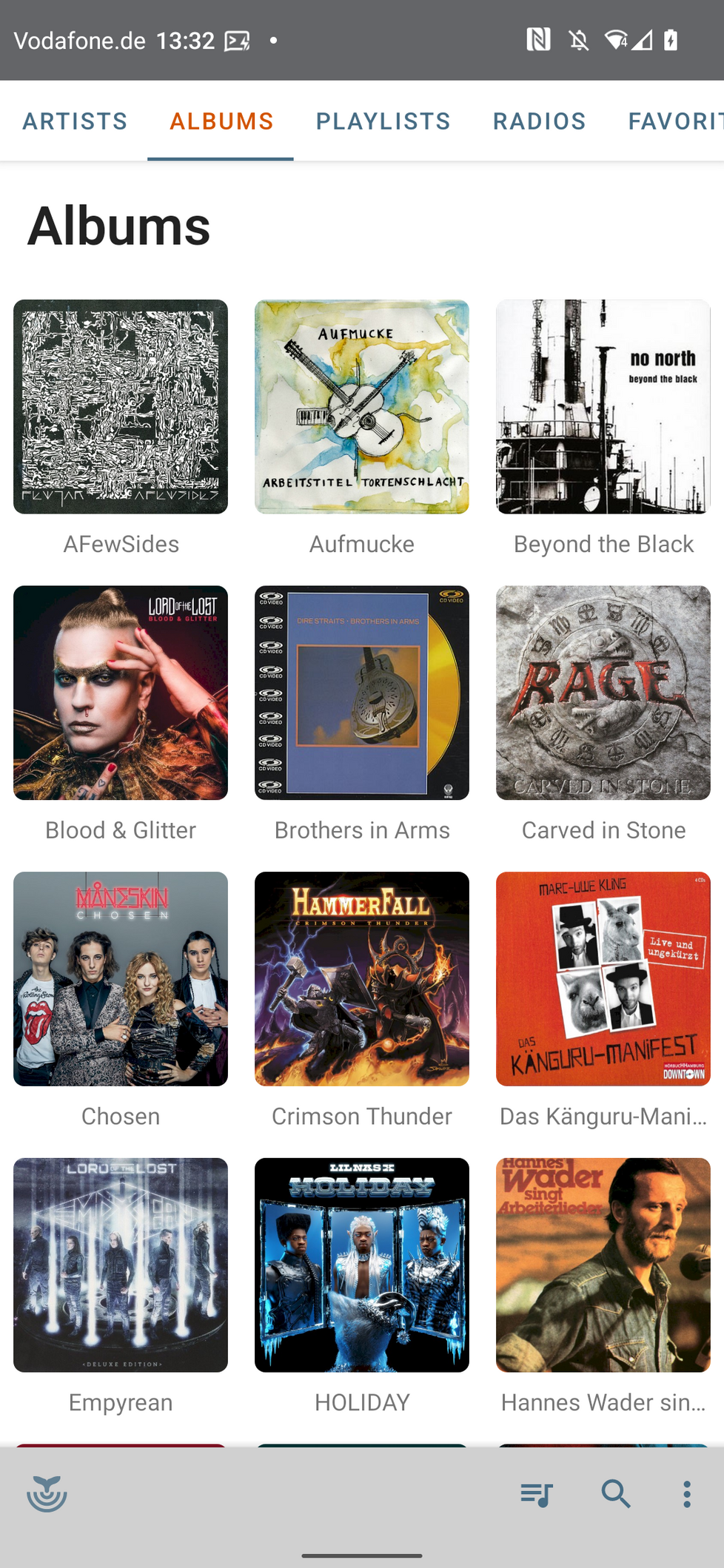 A screenshot of the funkwhale app, showing a mix of metal, German audiobooks and arbeiterlieder