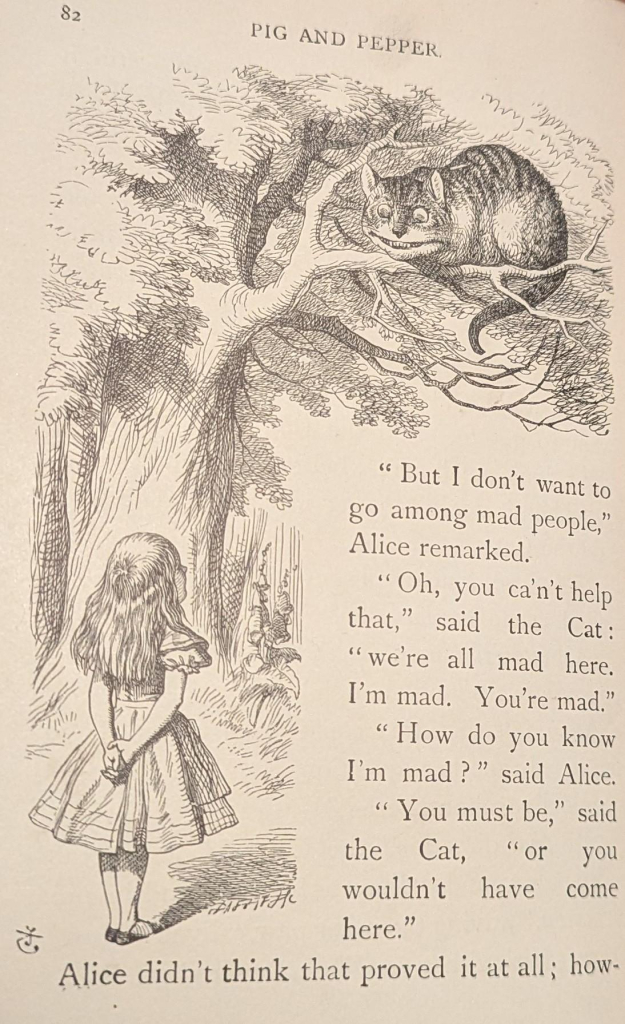 Page from Alice's adventures in wonderland. Beautiful etched illustration of Alice, hands clasped behind her back, looking up at the slightly sinister Cheshire cat, sat above on a branch in a tree.