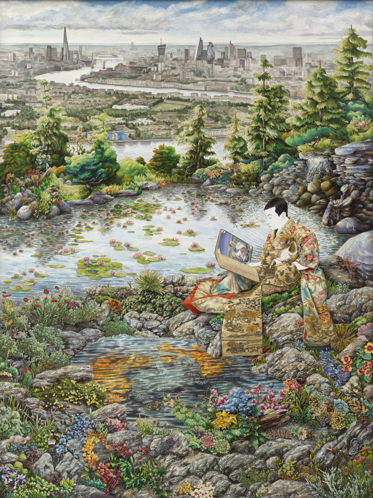 Painting of an Asian figure in a patterned kimono sitting on mossy rocks reading a book, holding a dog, near a serene pond. In the background is the London skyline