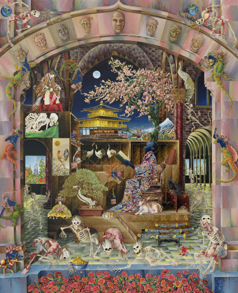 Painting of a seated blue figure holding a book and screaming int othe sky, surrounded by an assortment of skeletons, trees, and lizards, and masks, with the Temple of the Golden Pavilion visible in the background