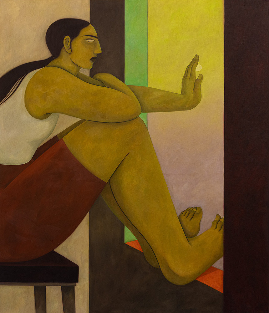 Painting of a woman with long dark hair, yellow-tinged skin, and large legs and arms sitting on a chair looking out a window with her hand on the glass