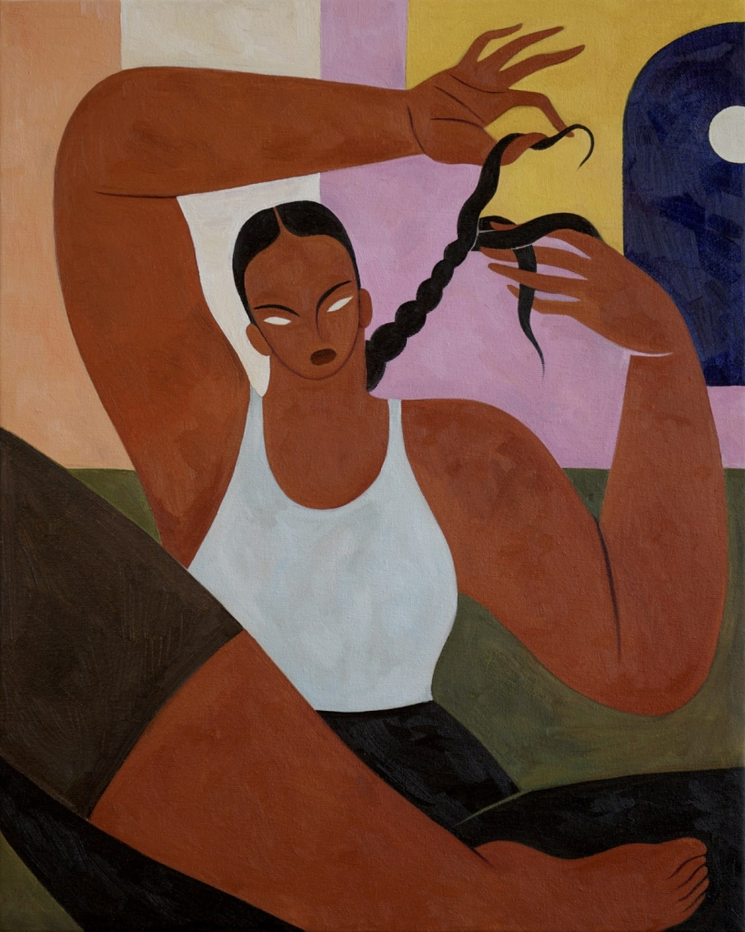 Painting of a woman with red-brown skin and large legs and arms sitting cross-legged with her arms raised as she braids her long dark hair