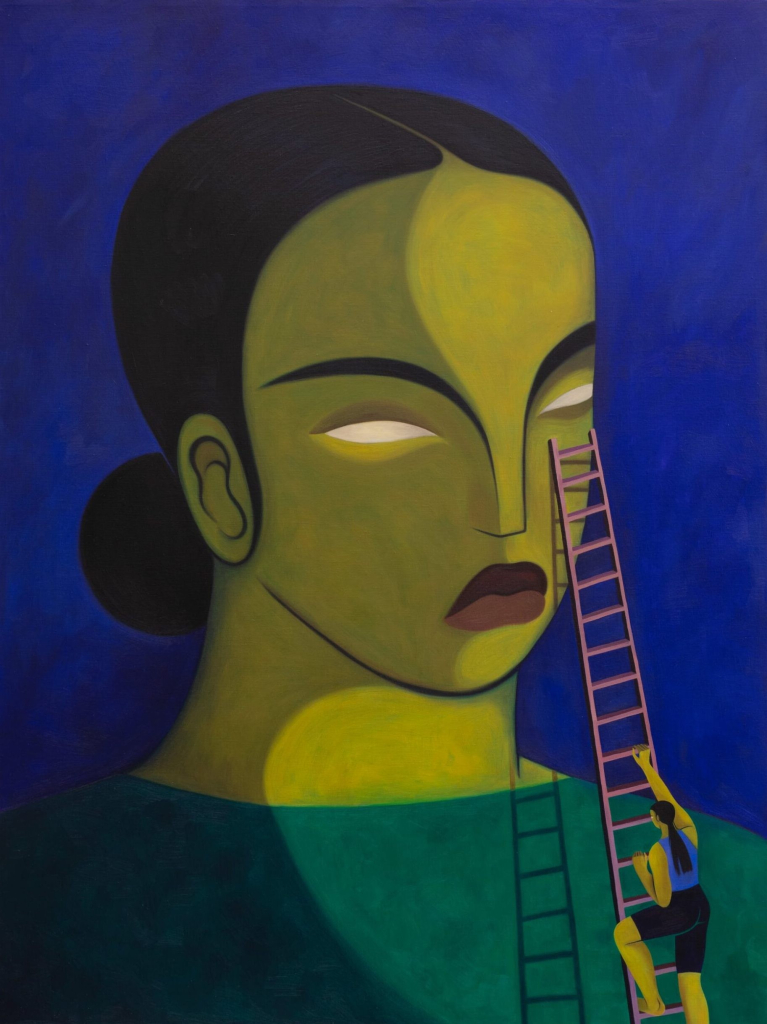 Painting of large woman's head with green-tinged skin, dark hair pulled back, frowning lips and glowing white eyes. A small woman with long dark hair is climbing up a ladder leaning against her left eye