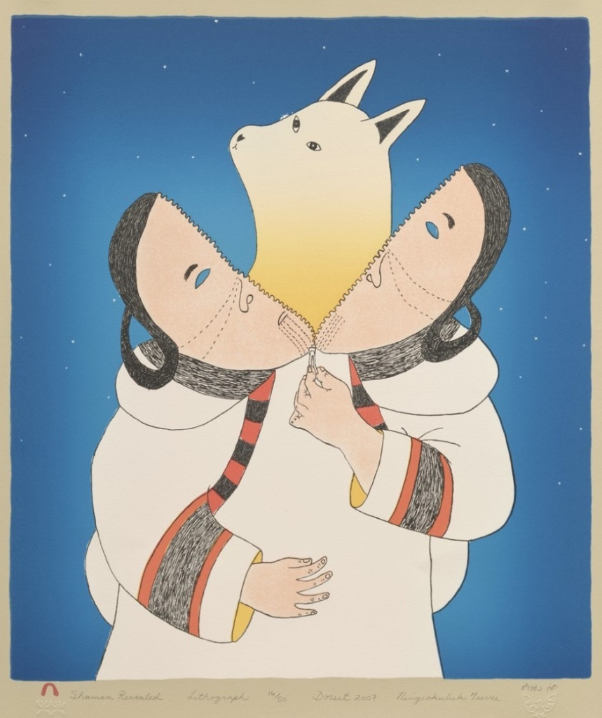 Lithograph of a figure with dark hair and a big white coat unzippering their face to split their head in half, revealing a yellow bear creature inside, all set against a starry blue sky