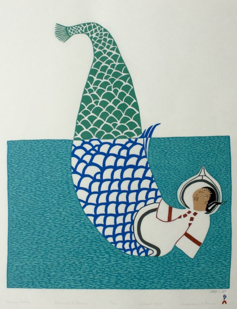 Stonecut and stencil piece of a mermaid with wearing a white coat and hood, curling underwater with their green tail rising above into the air