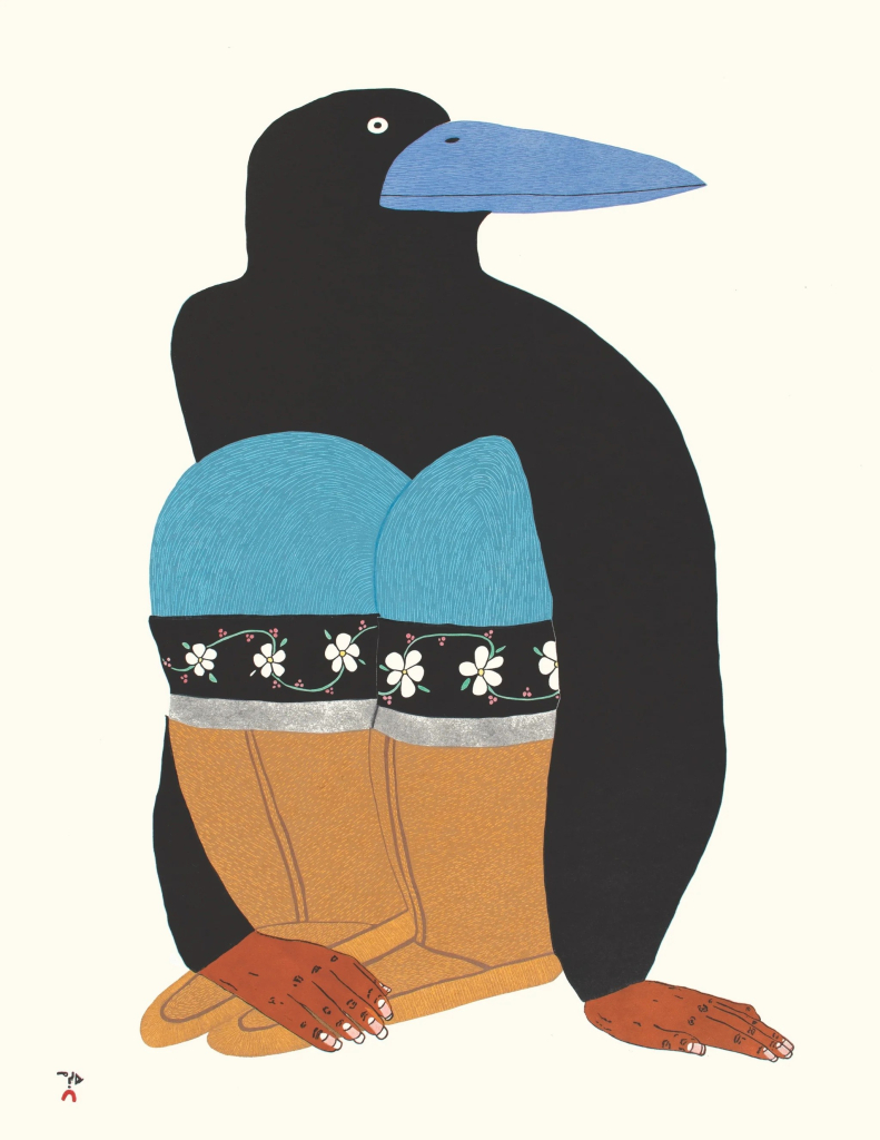 Linocut of a seated figure with upper body of a penguin, and the hands and legs of a human, wearing warm winter boots