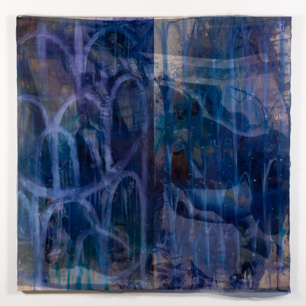 Square wall piece with photo images of Black women obscured by abstract drips and swooping lines in purple and blue