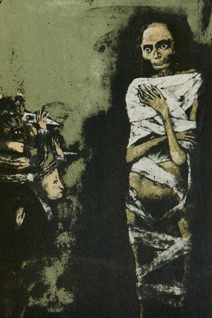 Print in a green, yellow, and black palette of a skeletal figure with overlarge eyes wrapped in loose gauze, with a small man in the corner flanked by masked figures