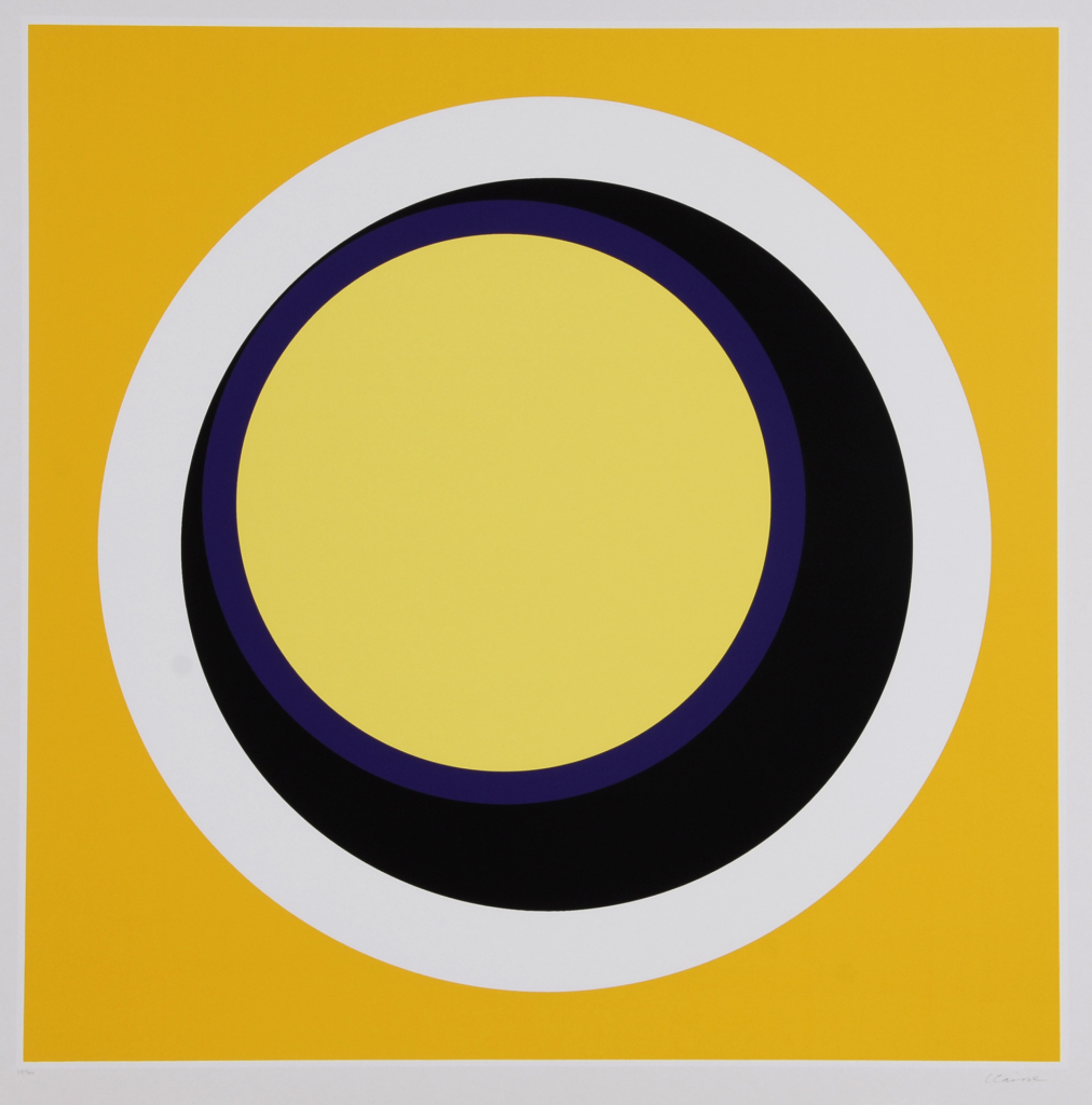 Geometric abstraction of a yellow, black, and white circles layered within each other, against a yellow background