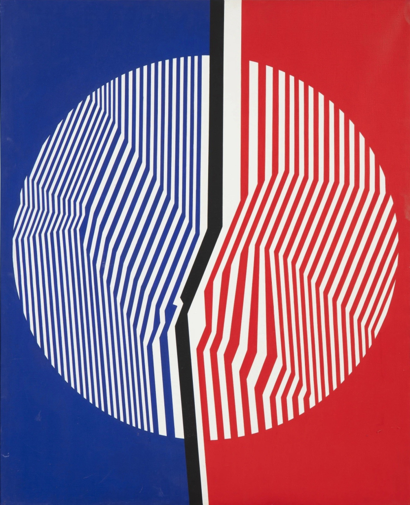 Abstract work of a large circle bisected by a black jagged line. Half the circle is composed of white and red angled lines, the other red and white angled lines