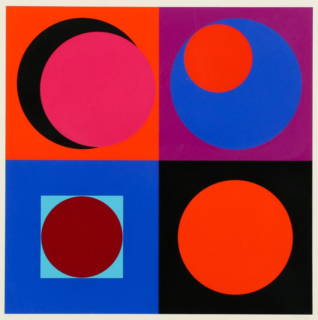 Abstract composition of a four-section grid with different circle arrangements within each, in a palette of red, pink, blue, purple, and black