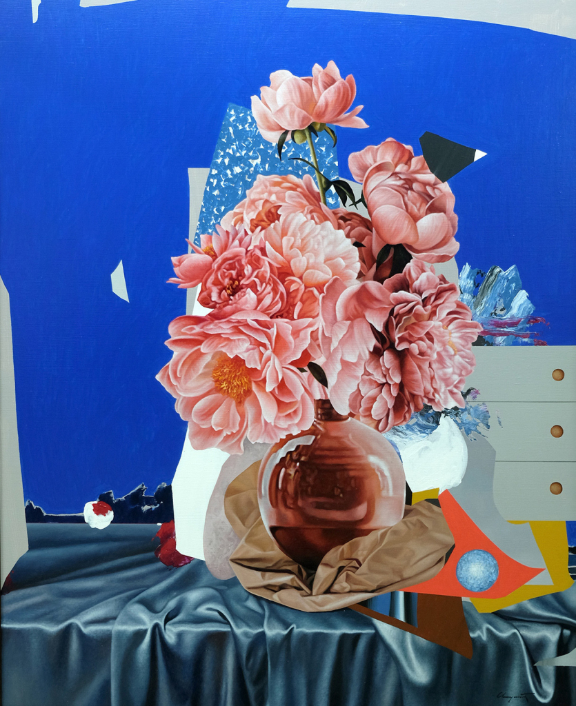 Painting of a pink floral bouquet sitting on a table with a blue tablecloth against a blue wall background, with flat abstract shapes mixed in throughout the composition