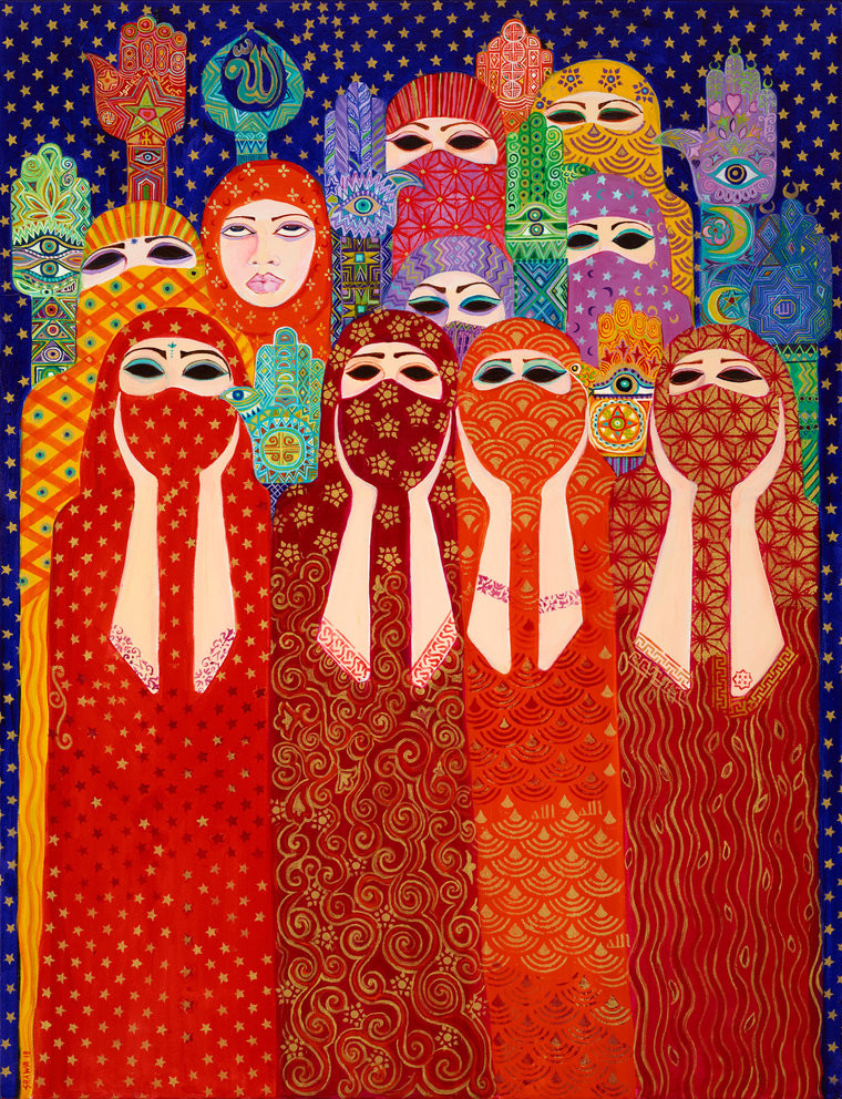 Cluster of women in colorful patterned niqab, the four in front with their hands against their cheeks.  One woman has her face uncovered and is rolling her eyes upward in an annoyed expression