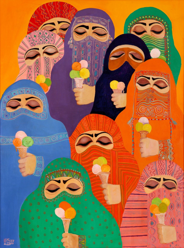 A cluster of women wearing colorful niqab, each with eyes downcast looking at an ice cream cone in their hand