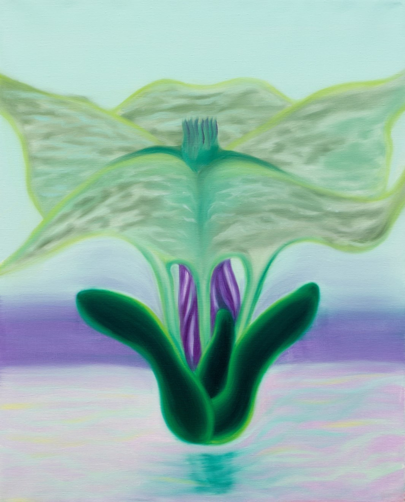 Semi-abstract painting of a large floral form with textured white leaves and a purple interior, blooming out of pink water 