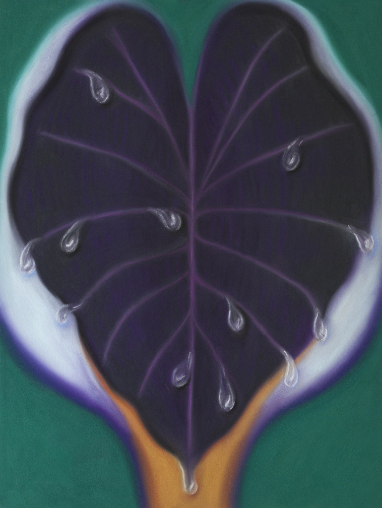 Semi-abstract painting of a large fruit in close-up with drips of moisture throughout, with a deep purple interior and white skin