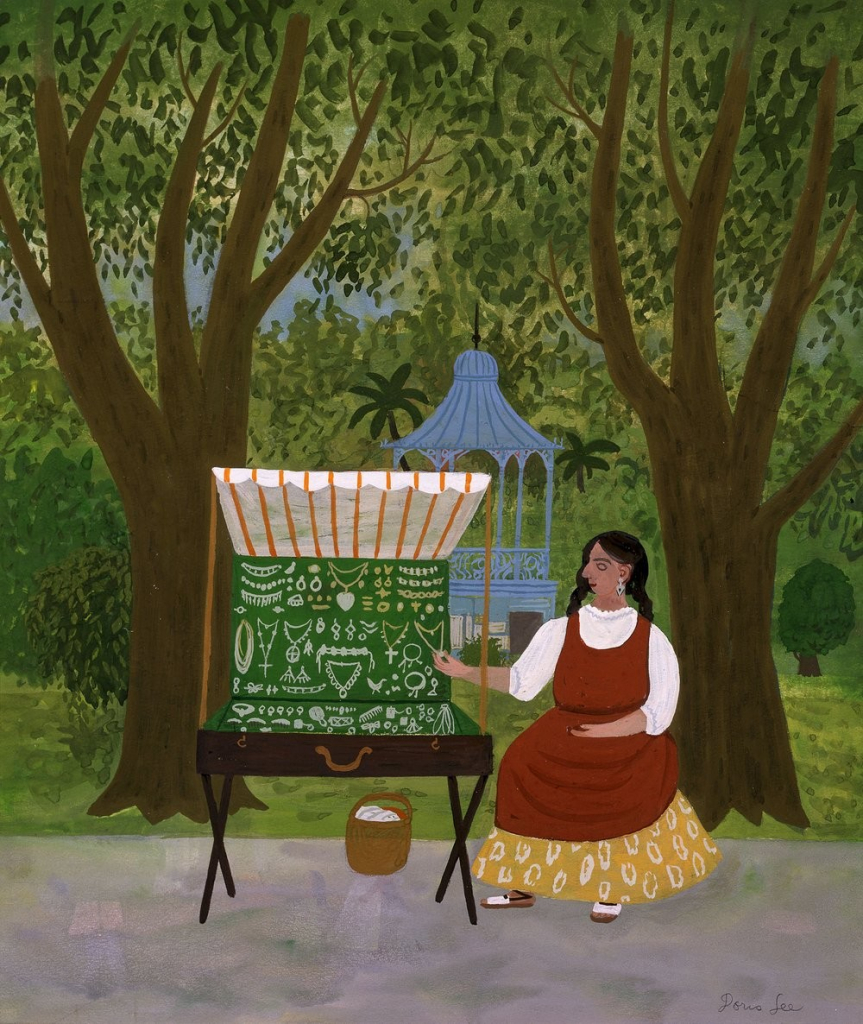 Painting in a flat, simplified style of a woman in a burnt orange dress sitting in a park gesturing towards a display of jewelry for sale, underneath a canopy of trees