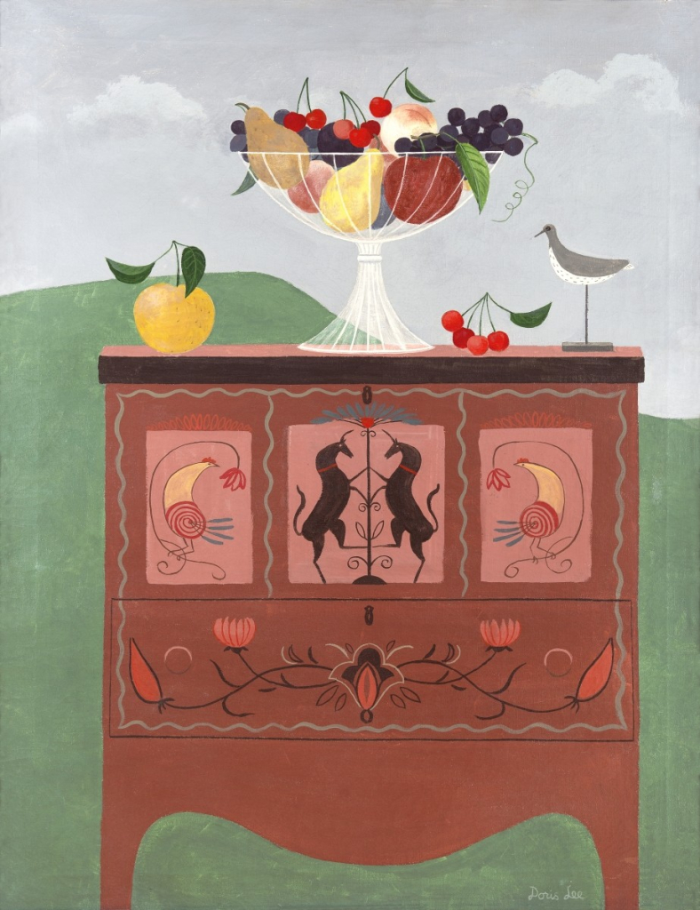 Painting in a flat, simplified style of wooden bureau decorated with animal and floral designs, with a large glass fruit bowl on its top and a green hill and cloudy sky in the background