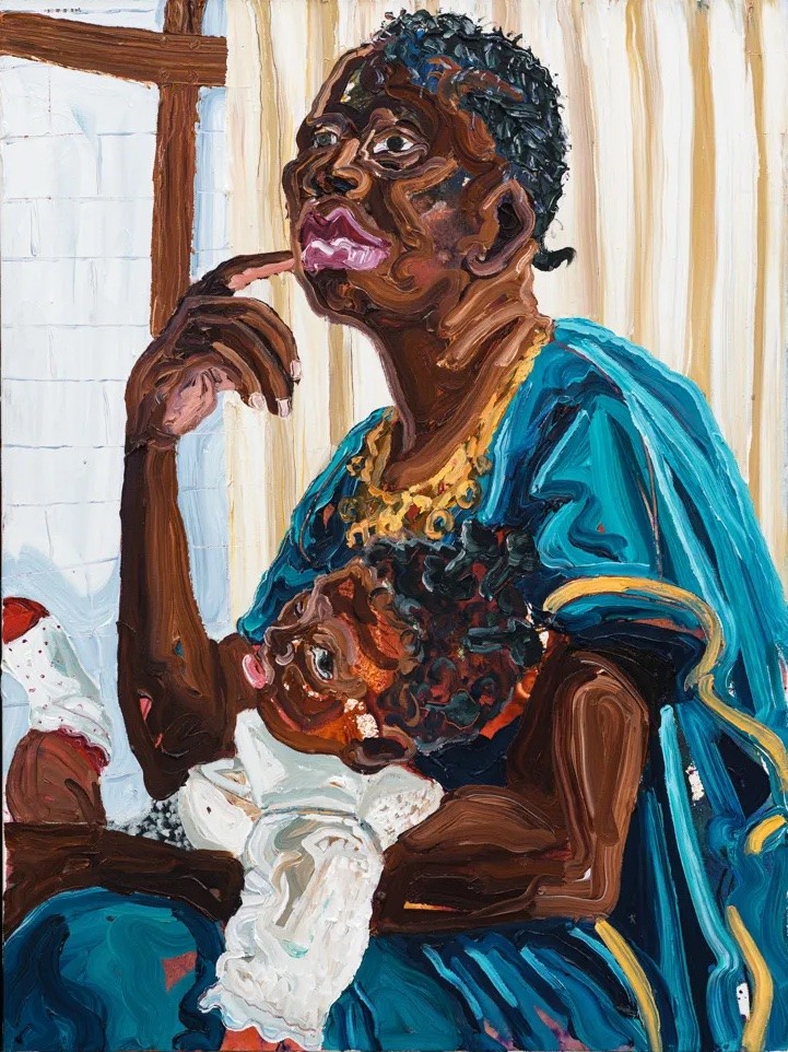 Expressionist style painting of an older Black woman in a blue dress with her hand up to her chin, holding a toddler in her lap