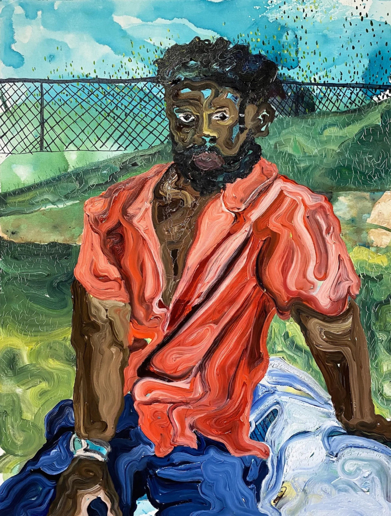 Expressionist style painting of a Black man sitting in a field with a fence in the background, wearing a red button down shirt and blue jeans