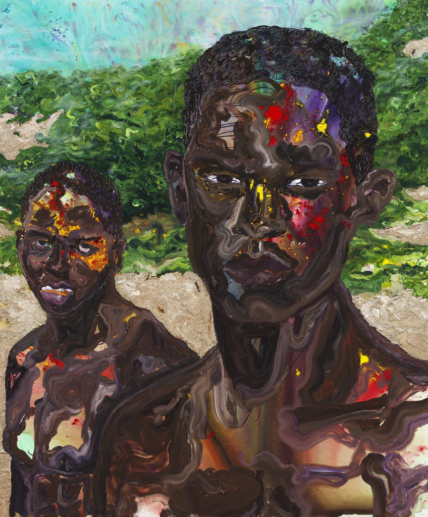 Expressionist style painting of two shirtless Black figures standing on a beach, staring directly at the viewer, with bits of rainbow paint details