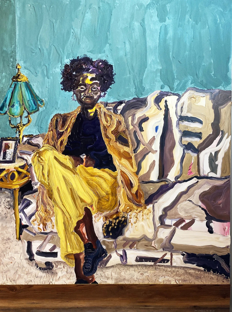 Expressionist style painting of a Black figure wearing a loose yellow suit sitting on a brown patterned couch in a room with a shaggy carpet and pale blue-green wall