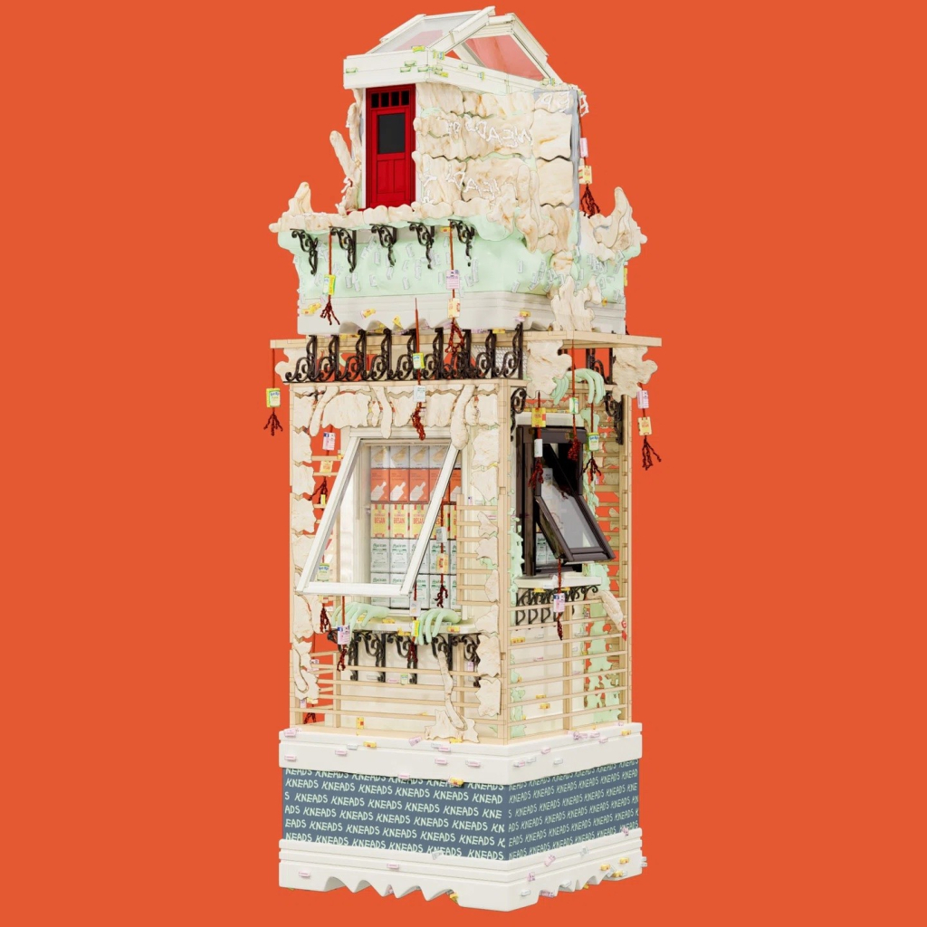 Animation still showing a tower structure with various layers and textures, against an orange background