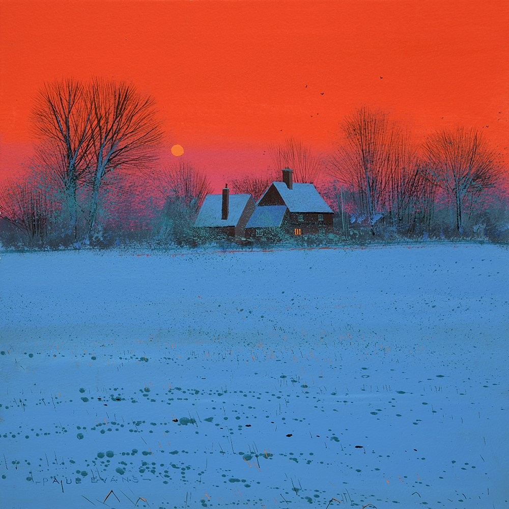 Landscape painting of a farmhouse against an orange sky with a blue snow field in the foreground