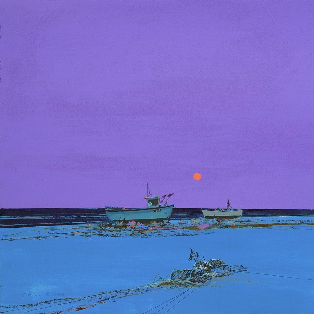 Landscape painting of a pair of boats sitting on a blue beach against a purple sky