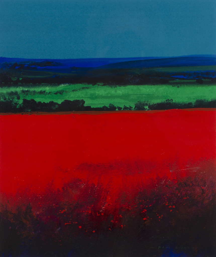 Landscape painting in bright red, green, and blue