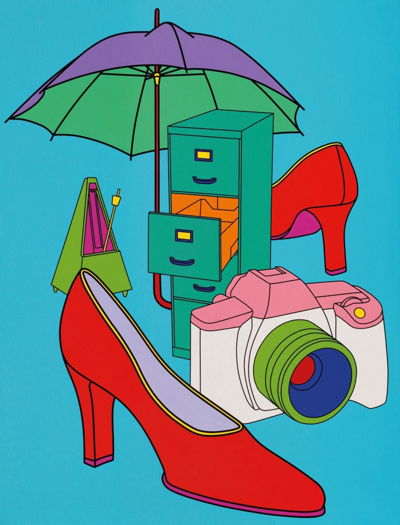 Colorful still life in a flat illustrative style, including objects floating on a blue background including an umbrella, red heeled shoes, a filing cabinet, metronome, and camera