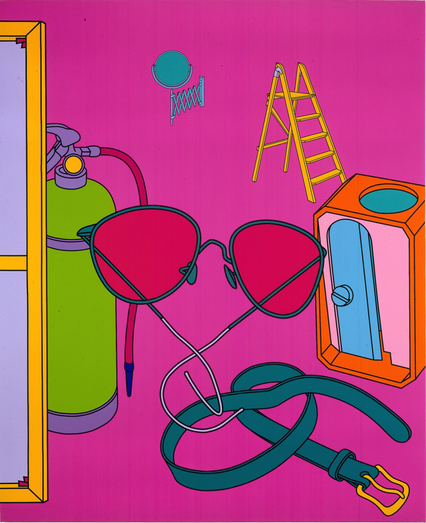 Colorful still life in a flat illustrative style, showing objects floating on a pink field, including sunglasses, belt, pencil sharpener, and ladder