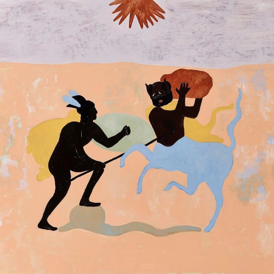 Painting in a flat style of a dark silhouette figure fighting a centaur, in a soft peach and grey landscape