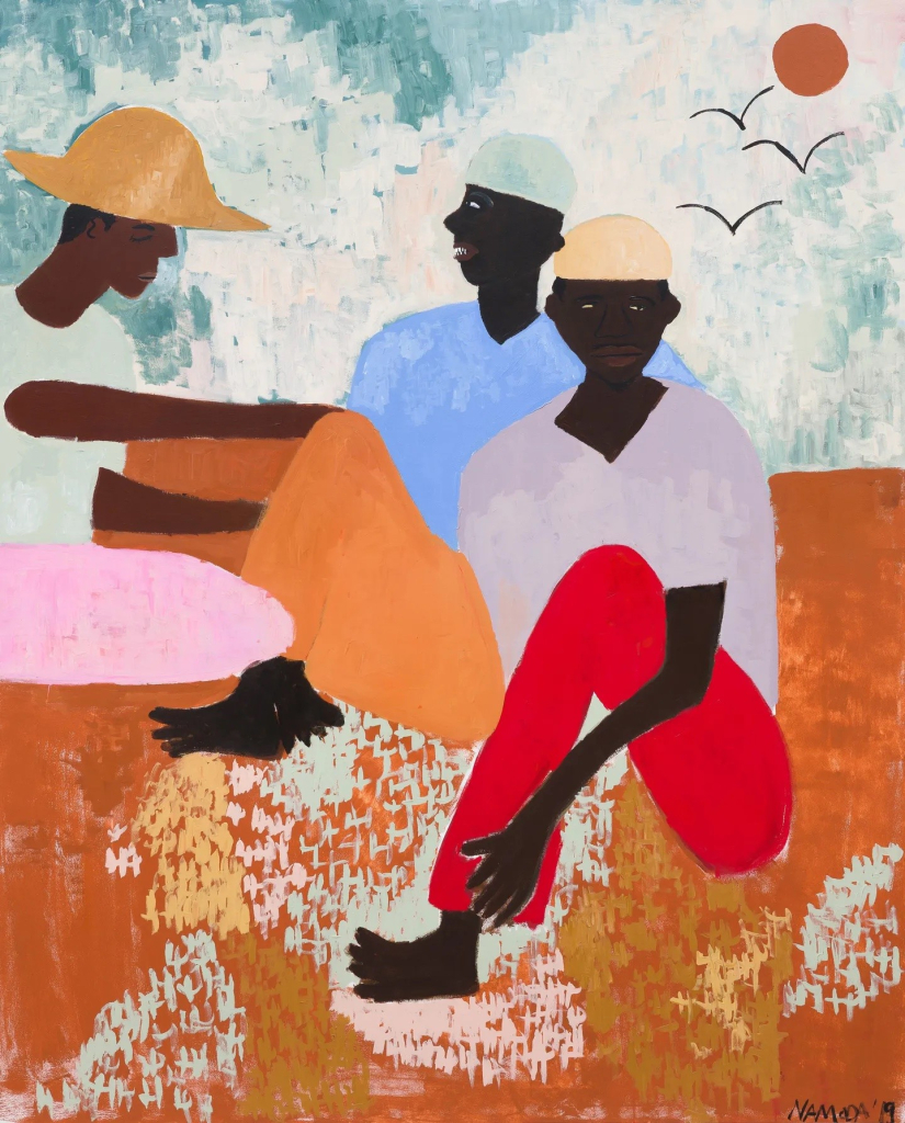 Painting in a flat style of three Black men sitting on orange sand with their knees up, clustered together but looking all in different directions