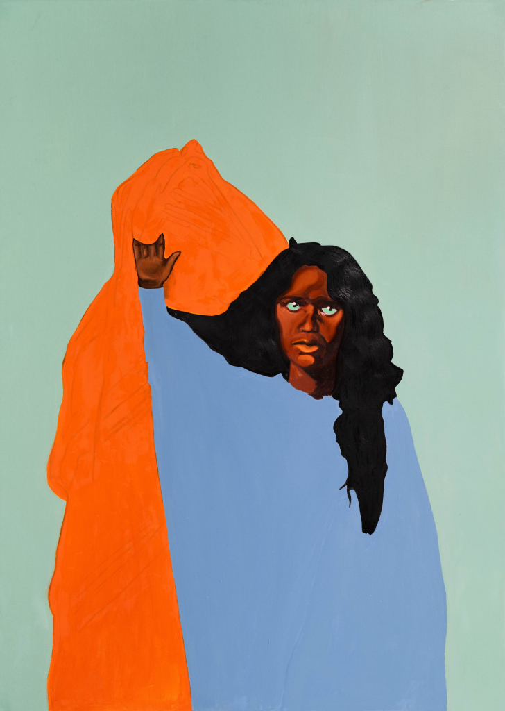 Painting of a Black woman with an intense stare, wearing a shapeless blue robe and holding an orange textile above her head. Her face and hair are painted in a detailed style but her clothes and the soft green background are flat planes of color.