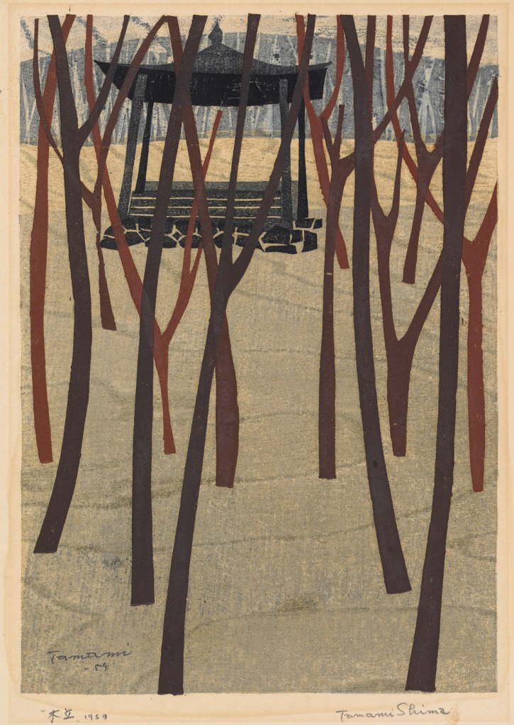 Print of a stand of bare, thin trees on white ground with woodgrain texture, and a covered stone well in the background