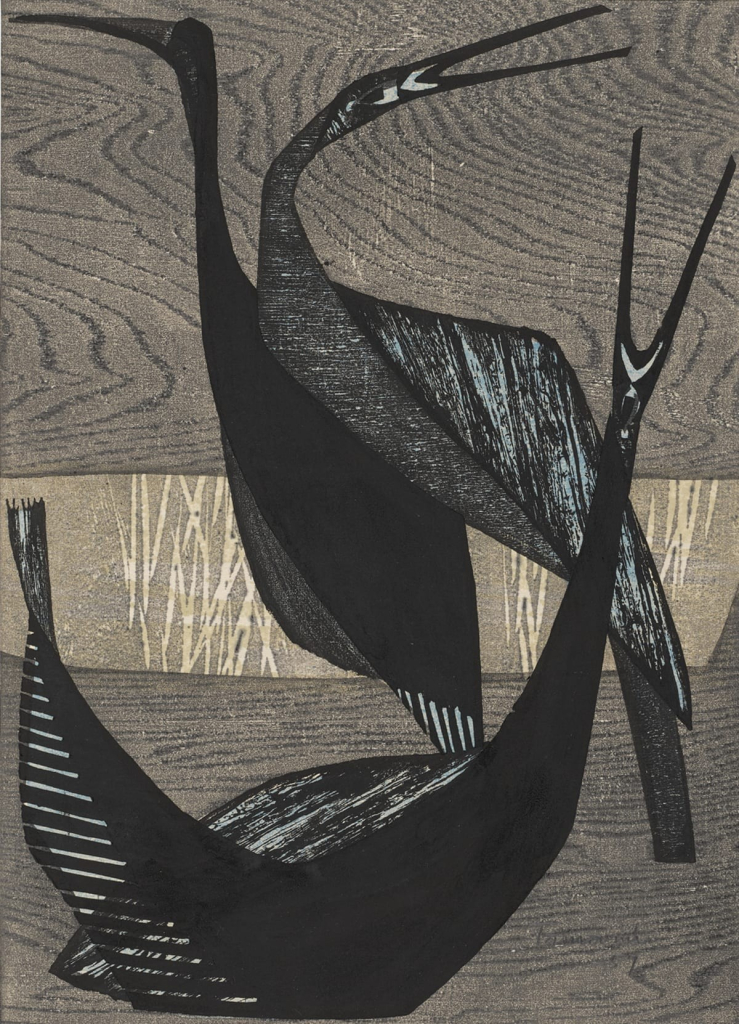 Print of a trio of cranes in black and gray, with a mixture of woodgrain patterns in the background and on their feathers