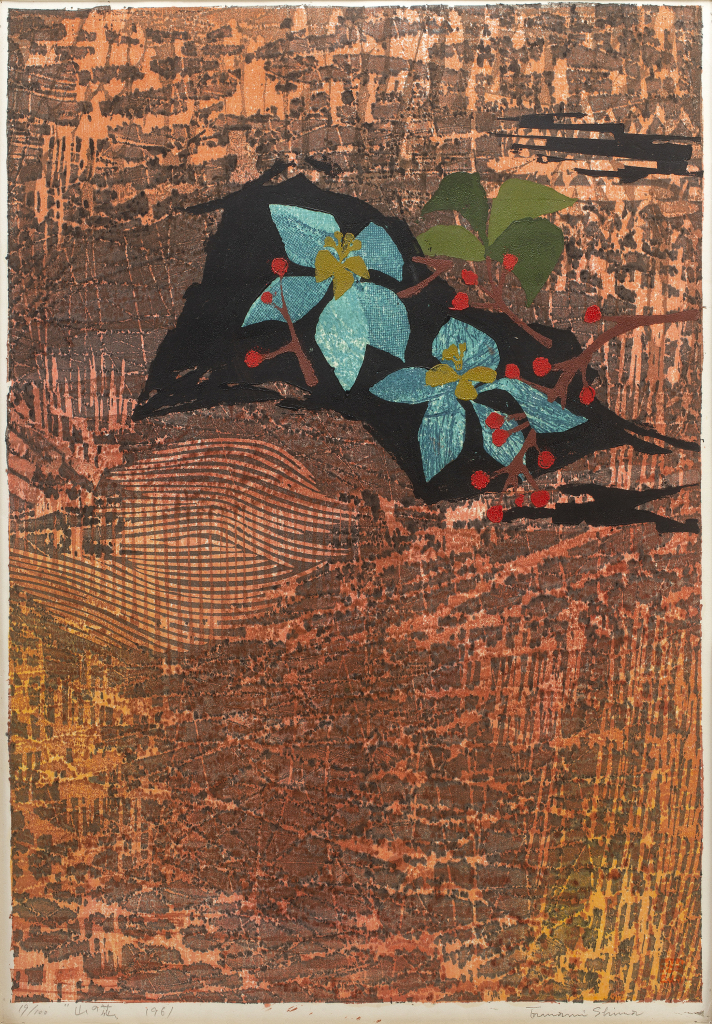 Print of a tree branch sprouting blue flowers and red berries, against a heavily textured brown background