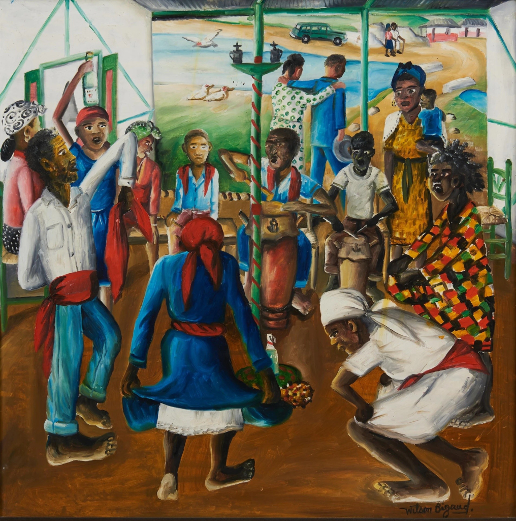 Painting of a group of Black figures performing a dance ritual around a green pole