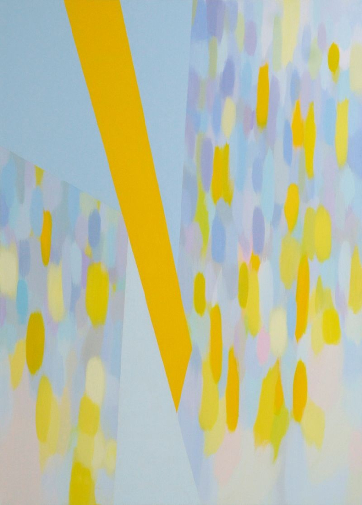 Abstract painting with soft yellow and light blue ovals and a large yellow diagonal in the center