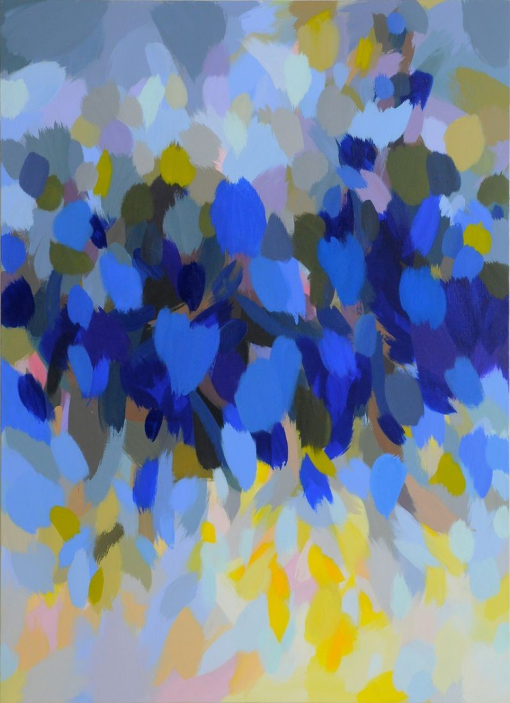 Abstract painting with soft yellow and blue shapes repeating throughout