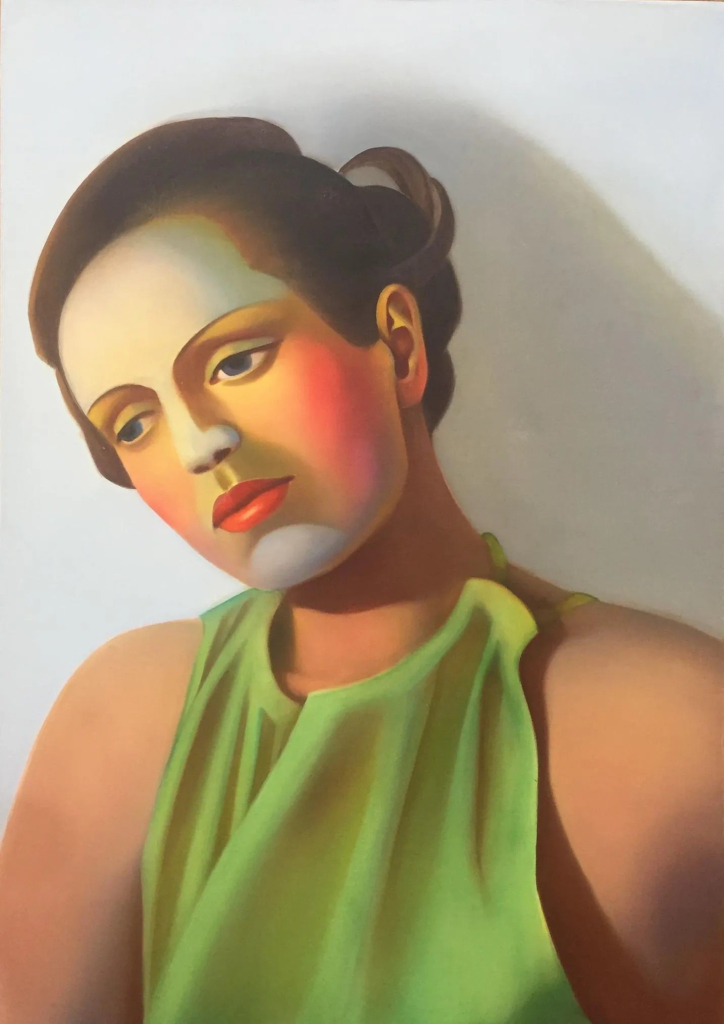 Painting in a bold style of a white woman with short brown hair and a green sleeveless blouse, looking off into the distance